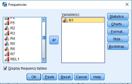 Title: Figure 2 - Description: This is the SPSS dialog box for Frequencies with R1 selected.