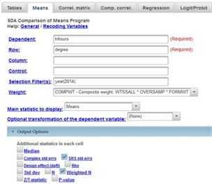  This image shows the means dialog box in SDA with the dependent, row, selection filter(s), and weight boxes filled in.  Notice that SRS is selected in the sample design line.